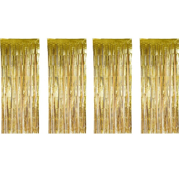 Sumind 4 Pack Foil Curtains Metallic Fringe Curtains Shimmer Curtain for Birthday Wedding Party Christmas Decorations (Gold)