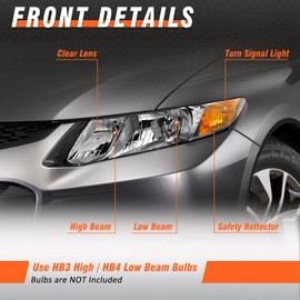 AXLAHA Headlight Assembly for 2012 2013 2014 2015 Honda Civic 4Dr Sedan/2012 2013 Honda Civic 2Dr Coupe Clear Lens Black Housing Amber Reflector (Does NOT Fit Hybrid or Hybrid-L Models)