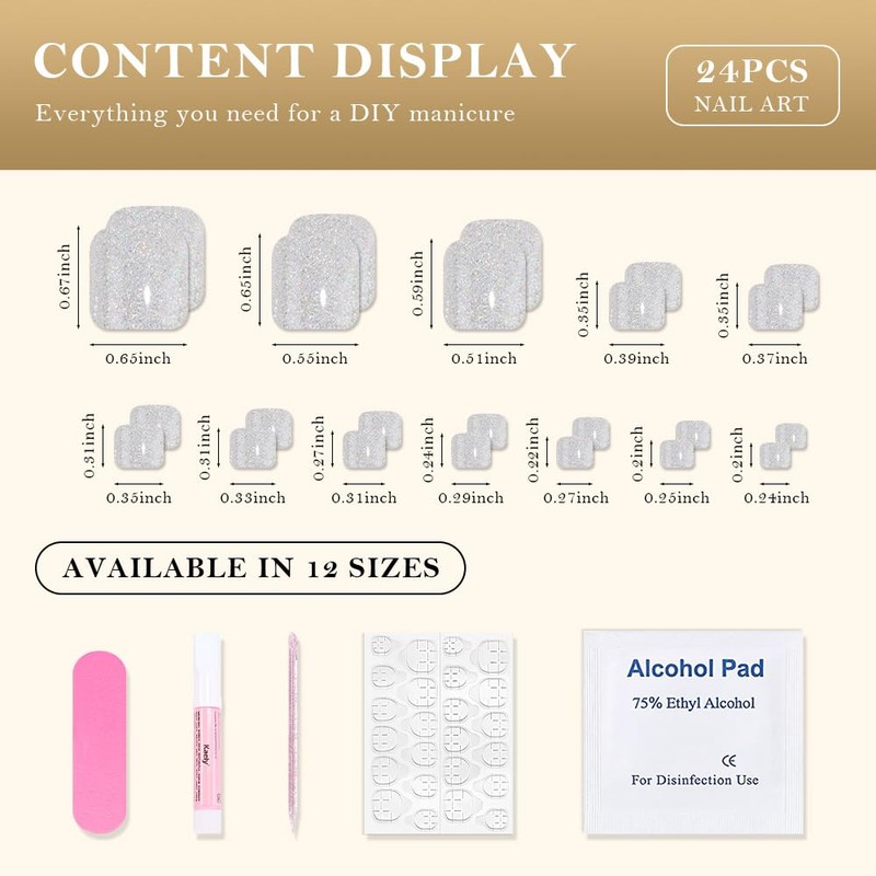 XZMeiLun silver Glitter Press on Toenails Short Square, Acrylic Designs