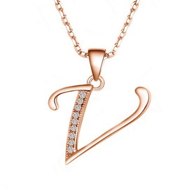 Paialco 925 Sterling Silver Initial Letter V Pendant Necklace for Women, Rose Gold Plated
