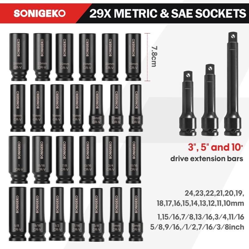 SONIGEKO 29-Piece 1/2" Drive Impact Socket Set - 6 Point