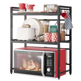 NETEL Expandable Microwave Stand,3 Tier Metal Kitchen Countertop Organizer Shelves with 8 Hooks,Bakers Rack,Microwave Shelf,Microwave Oven Rack,110lbs Weight Capacity