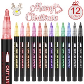 OLINGYOU Outline Markers, 12 Colors Shimmer Markers Set, Self Outline Metallic Outline Marker Pen Set for Art, Drawing, Doodling, Card Making, Greeting Cards, DIY Crafts