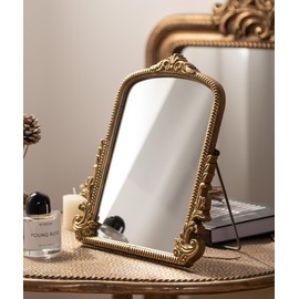 TenFuju Vintage Baroque Vanity Makeup Desk Mirror, Antique Gold Arch Table Mirror, Small Decorative Standing Mirror for Dresser, Bedroom, Living Room, 11.8" x 9.6"