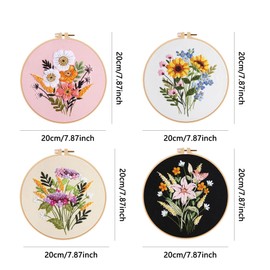 Huimai Embroidery Starter Kit 4 Pack Floral Cross Stitch Beginner Kit with Plastic Hoop, Instructions and Threads, Full Range of Embroidery Kits for Adult