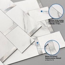 MOFIT Matte Kitchen Subway Tile Peel and Stick Backsplash Self-Adhesive Bathroom Wall Tiles Waterproof 3D Metal and Marble Mosaic Panels Heat Resistant Fireplace(White Silver 5Tiles)
