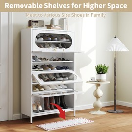 Foreate 8-Tier Tall Shoe Storage Cabinet with 4 Flip-Up Doors & Removable Shelves, 54” Metal Cabinet Shoe Rack Organizer for 24-32 Pair Shoes, Tall Freestanding Modern Entryway Shoe Cabinet-Glass Door