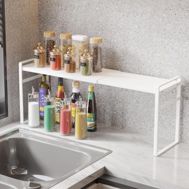 WOCHUANGSI Expandable Metal Spice Organizer Shelf, Standing Small Narrow Rack for Seasonings, Adjustable Kitchen Storage Shelf Countertop (White, L13.7-23.6''*W3.54''H7'')