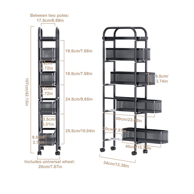UMDONX Slim Storage Cart 5 Tier with Pull Out Basket