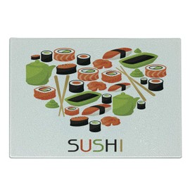 Ambesonne Sushi Cutting Board, Figures of Teapot Tobiko Roll Wasabi and Soy Sauce Arranged in Heart Shape Artwork, Decorative Tempered Glass Cutting and Serving Board, Small Size, Multicolor