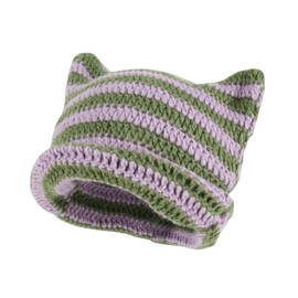 Cute Knitted Crochet Beanie Hat for Women, Y2K Striped Grunge Warm Slouchy Beanies with Cat Ear Aesthetic Accessories (Purple Green, One Size)