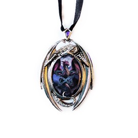 Lunar Magic - Dragon Cameo Oval Cabochon Style Pendant Necklace in Dragon Setting with Diamond Shaped Stone at Top, Ribboned - Artwork by Anne Stokes