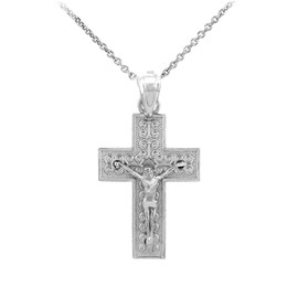 Solid 925 Sterling Silver Roman Catholic Cross Crucifix Pendant Necklace, 18"