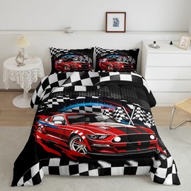 Speeding Game Bed Comforter Set Queen Size,Extreme Sports Super Soft Microfiber Bedding Set for Adults Men,Racing Car Theme Decorative Comforter Set,3 Pcs