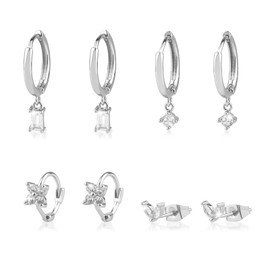 MABAHON 4pcs Silver Earrings Set for Women Girls,Dainty Crystals Hoop Earrings Diamond Petals Drop Earrings Trendy Rhinestones Stud Earrings for Multiple Piercing Small Hoop Earrings Jewelry Gifts