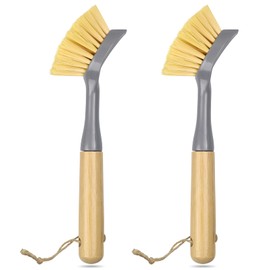UEDAI 2 Pack Kitchen Dish Brushes with Bamboo Handle and Built-in Scraper for Cleaning Pans, Pots, Sink and Counter