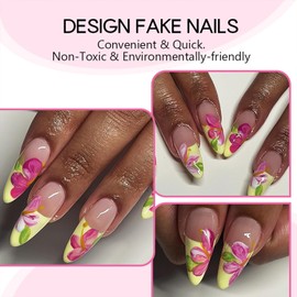 Tyuimhx Yellow French Tip Press on Nails Medium Almond Fake Nails Flowers False Nails Glossy Full Cover Stick on Nails Acrylic Floral Artificial Nails for Women Glue on Nails 24Pcs