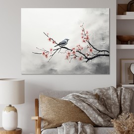 Coral Global Canvas wall art, Asian Art Wall Art, Sumi Bird Asian Painting X, Asian art Wall art decor, 40x30 inches