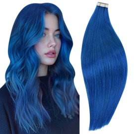 RUNATURE Tape-In Real Hair Extensions, Blue Hair, Remy Real Hair, Straight Skin Weft Extensions Tape, 50 cm / 20 Inches, 25 g