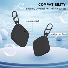 FGERWZ [2 Pack] Silicon Case for Tile Mate 2022 Tracker with Keychains, Tile Mate Holder Anti Lost Hidden Full Cover, Waterproof Tile Mate Case for Keys, Bags, Cat Dog Collar Holder (Black+Black)