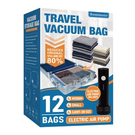Roomimaster Travel Vacuum Storage Bags with Electric Pump, 12 Combo Travel Packing Bags for Luggage and Suitcase, Carry-on Size Compression Space Saver for Clothes and Clothing