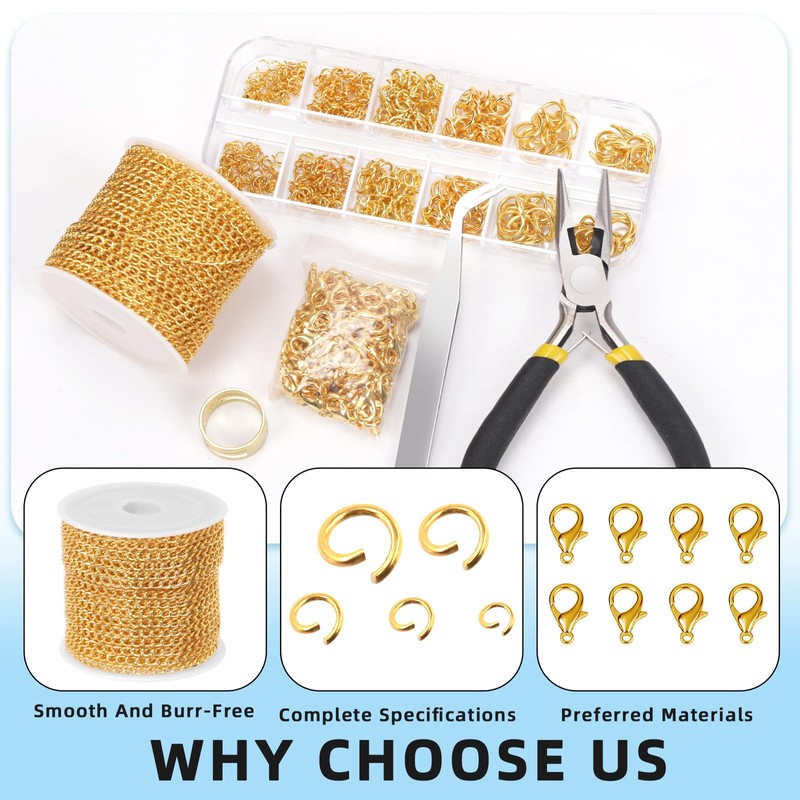 Glarks 504Pcs 30 Feet Jewelry Chains Set Gold Cable Link