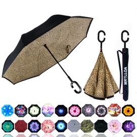 MRTLLOA Double Layer Inverted Umbrella with C-Shaped Handle, Anti-UV Waterproof Windproof Straight Umbrella for Car Rain Outdoor Use (N-Leopard)