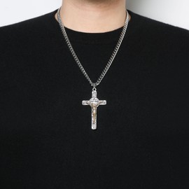 HZMAN Crucifix Cross Necklace for Men Stainless Steel Retro CSPB Saint Benedict Cross Pendant Necklace Jewelry Gift with Cuban Chain (Silver Gold)