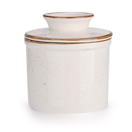 Jersinwei French Butter Dish, Butter Crock for Counter with Water Line, Ceramic Butter Keeper for Spreadable Butter - Chrismas Gift Home Kitchen Decor - Reactive Glaze Collection - White