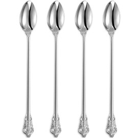 KEAWELL Luxurious 9 Inch Long Iced Tea Spoon Set - 4 Pieces - Gorgeous Design with Exceptional Mirror Polished Finish - 18/10 Stainless Steel- Perfect for Tall Glasses, Cocktails (Silver)