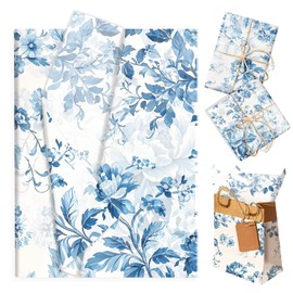 100 hojas de papel de seda azul con flores de acuarela estilo vintage chinoiserie, suministros para envolver regalos, papel de seda azul y blanco con flores de peonía para cumpleaños, boda, baby