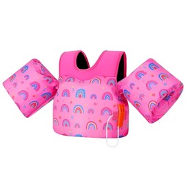 MoKo Toddler Swim Vest for Kids, Arm Floaties for Toddler 20-50 lbs, Water Wings with Emergency Whistle, Cute Arm Band Pool Floaties Swim Training Equipment for Beach, Pool, Deep Pink Rainbow