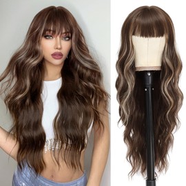 NAYOO Long Brown Wigs with Bangs for Women Curly Wavy Hair Wigs Heat Resistant Synthetic Fiber Wigs for Daily Party Use 26 Inches (Brown Mixed Blonde)