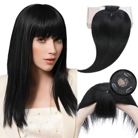 Elailite Hair Topper Real Hair, Toupee Women's with Long Fringe, Clip-In Hairpiece, Hair Topper Base 10 x 10 cm (no line), 25 cm, #1 Black