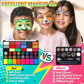 RDDAIPE Children's Make-Up Set, 42 Colours Children's Make-Up Set, Face Paints, Children's Make-Up with 40 Stencils, 11 Brushes, 2 Rhinestones, Children's Make-Up Set for Halloween, Carnival, Fancy