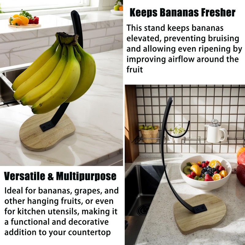 BetLight Solid Banana Hanger/Holder-Wooden Base with Metal Hook Fruit Stand,