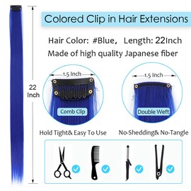 16PCS Blue Hair Extensions Clip In 22Inches Straight Colored Hair Extensions For Kids Girls Colorful Highlights For Parties Gifts(Blue)