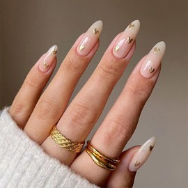 ANDGING Nude White Press on Nails Oval Short Medium Fake Nails with Gold Heart Design Acrylic Glue on Nails for Women Full Cover False Nails with Glue Gel Stick on Nails for Wedding Birthday 24Pcs
