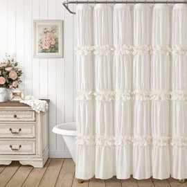 NDDYCU Ruffle Shower Curtain with Vintage Cute Bow and Natural Linen Tuxturel Shower Curtain for Bathroom Farmhouse Off White 72" W x 72"