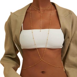 TseenYi Boho Beads Body Chain Gold Chest Body Chain Small Pearl Bra Body Necklace Summer Belly Waist Chain Bikini Wire Harness Body Jewellery for Women and Girls