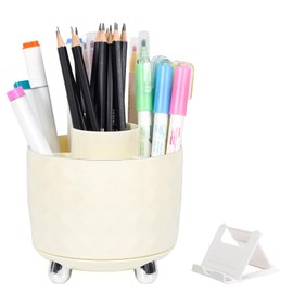 Marte Vanci Rotating Pen Holder for Desk, 360°Rotating Pen Pencil Organizer with 6 Compartment, Makeup Brush Holder Organizer (Cream)