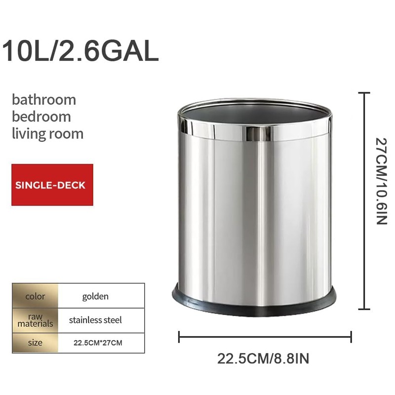 LEASYLIFE 2.6Gallon/10L，Stainless Steel Bathroom Trash Can,Chrome Trash Can,Silver Garbage Can