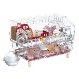 Acrylic Hamster Cage Chewproof,8 in 1 Hamster House 2-Layer with Transparent Viewing,Top Open Mouse Cage for Pet Mice,Hamster Habitat for Dwarf Hamster,Gerbils (Clear, 17.7"x13"x11.8")