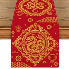 Artoid Mode Red and Golden Chinese Zodiac Snake Happy 2025 Lunar New Year Table Runner, Spring Festival Winter Kitchen Dining Table Decoration for Home Party 13x108 Inch