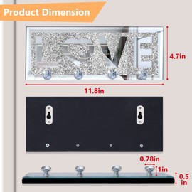 SHYFOY Mirrored Key Holder for Wall Decorative Love Letter Sign Plaque Key Hanger for Wall Decor, Glitter Key Rack Wall Hanger with 4 Crystal Hooks for Entryway Front Door Key Hanging