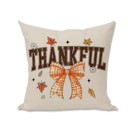 Nihilform Thanksgiving “Thankful” Fall Leaf & Bow Throw Pillow Cover, Festive Cushion Case for Home Autumn Decor, Gift for Thanksgiving & Home Decor 18x18 Inch