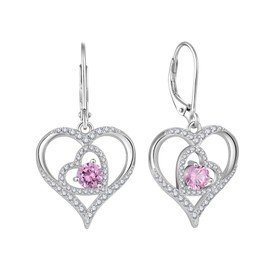 Rocayi Heart Dangle Drop Earrings for Women 925 Sterling Silver Leverback Earrings Pink Tourmaline October Birthstone Earrings Jewelry Gifts for Women Wife Mother Daughter Her