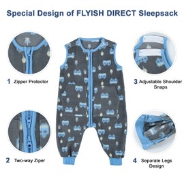 FLYISH DIRECT Baby Sleeping Bag 1 TOG, Toddler Sleeping Bag with Feet, Baby Sleep Sack, Super Soft Fleece Sleeping Bag for Baby, 6-12 months, Grey Car