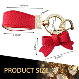 Polcatay Leather Car Bow Keychain, Bling Rhinestone Keychain Decoration, Universal Car Pendant Key Chain Ring (Gold & Red)