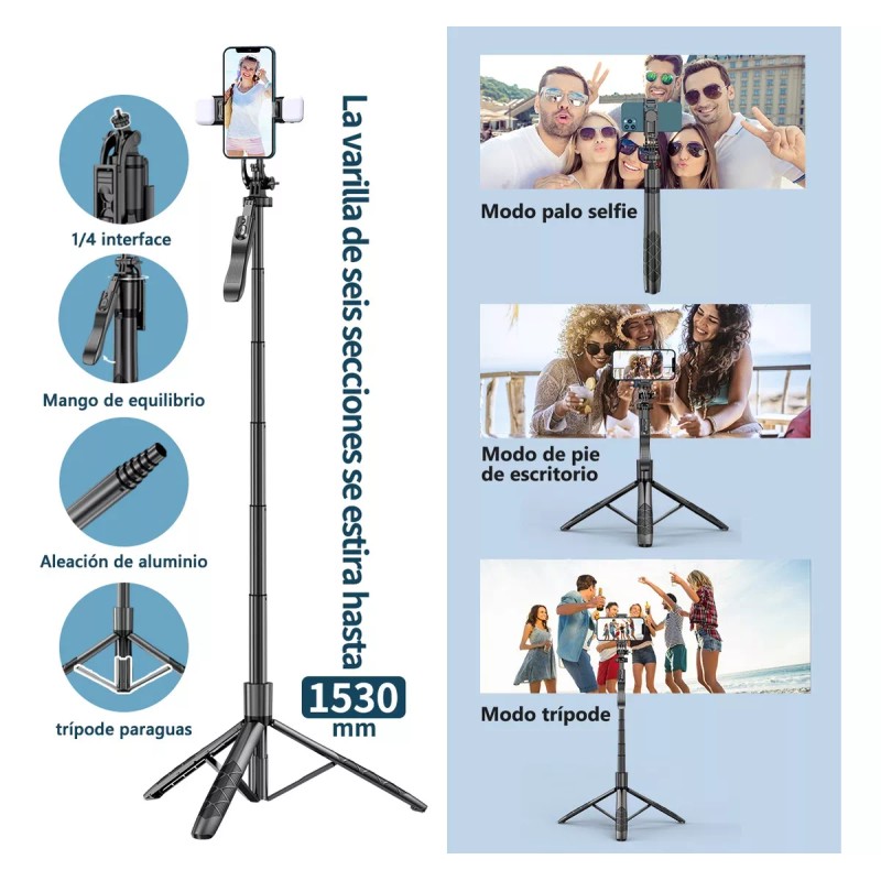 Axnen Selfie Stick Trípode Para Celular Control Remoto Luz 1.53m